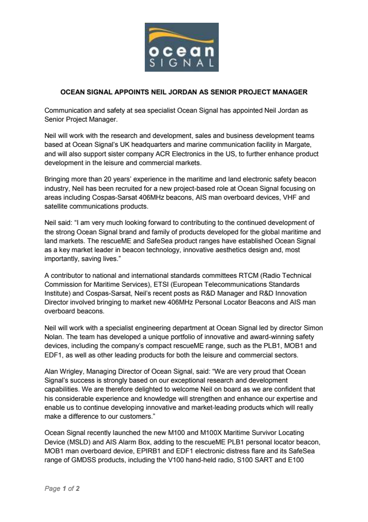 Ocean Signal: Ocean Signal Appoints Neil Jordan as Senior Project Manager 