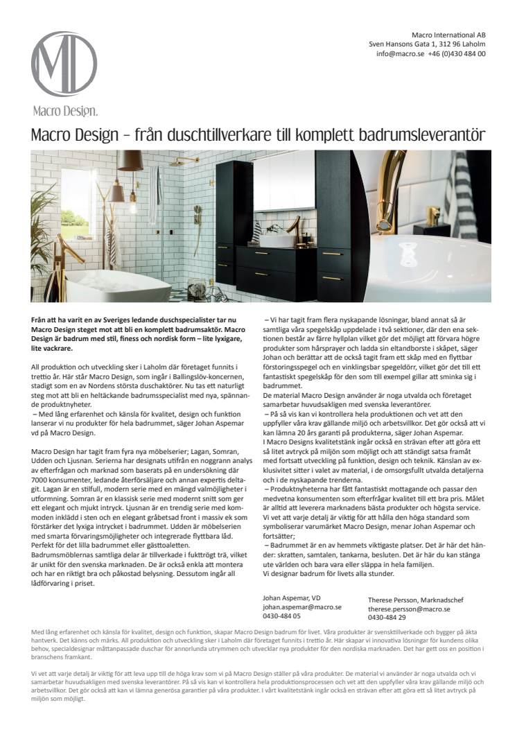 Macro Design lanserar nyskapande badrumsmöbler