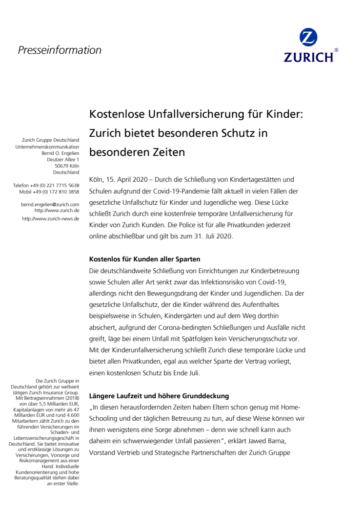 Kostenlose Unfallversicherung für Kinder: Zurich bietet besonderen Schutz in besonderen Zeiten