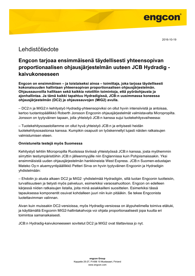 Engcon tarjoaa ensimmäisenä täydellisesti yhteensopivan proportionaalisen ohjausjärjestelmän uuteen JCB Hydradig -kaivukoneeseen