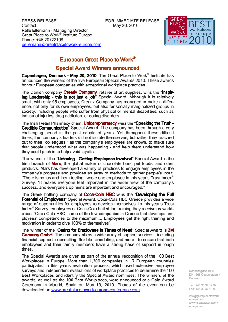 Great Place to Work Institute - European Special Awards announced