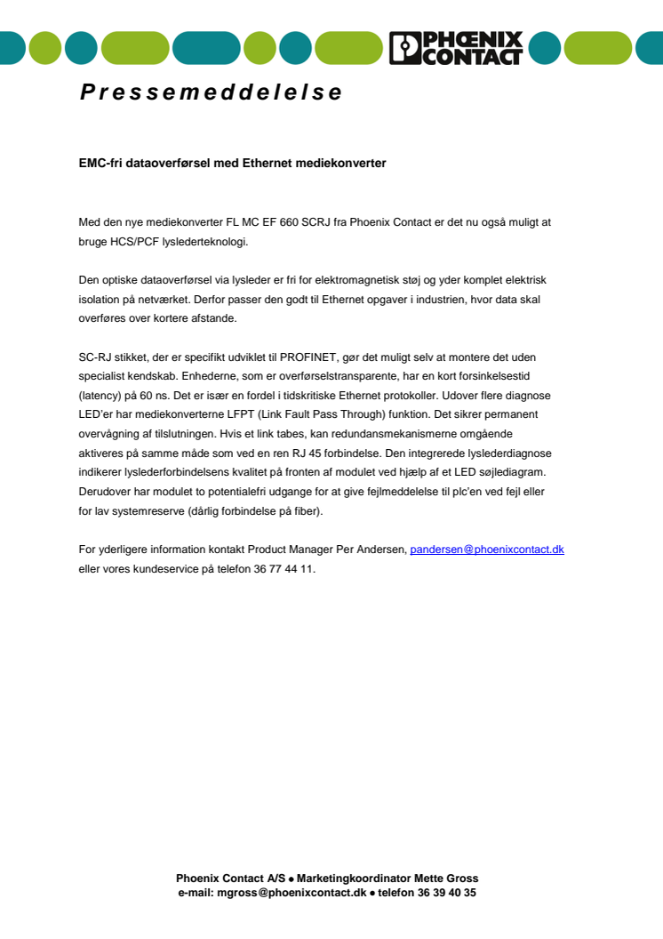 EMC-fri dataoverførsel med Ethernet mediekonverter