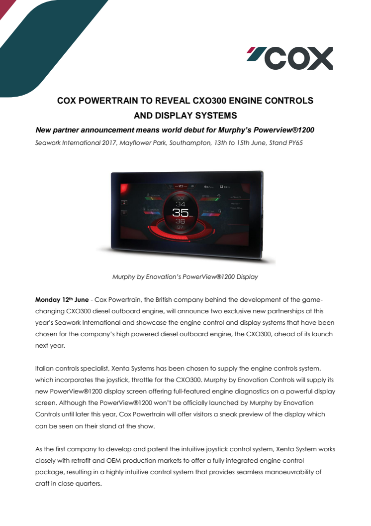 Cox Powertrain: Cox Powertrain to Reveal CXO300 Engine Controls and Display Systems 