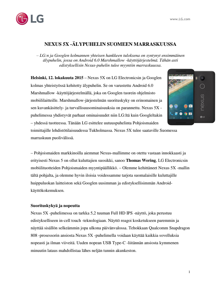 NEXUS 5X -ÄLYPUHELIN SUOMEEN MARRASKUUSSA