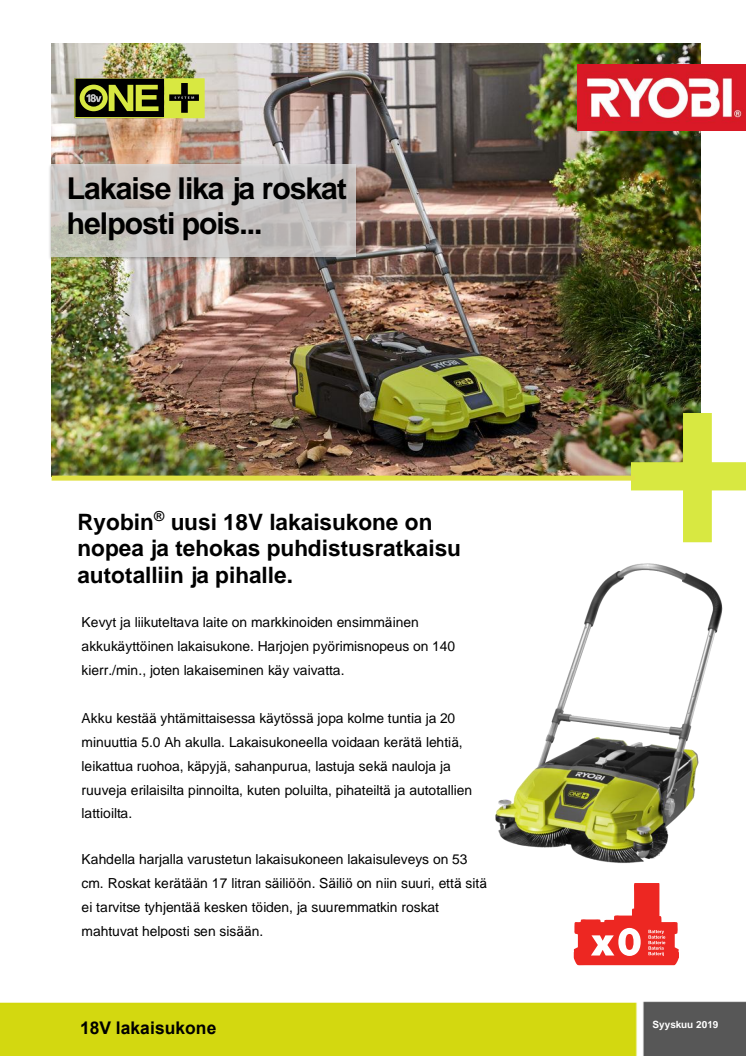 Ryobin® uusi 18V lakaisukone on nopea ja tehokas puhdistusratkaisu autotalliin ja pihalle