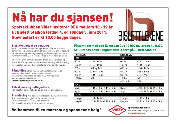 Invitasjon til Bislettlekene sammen med EM 10000m