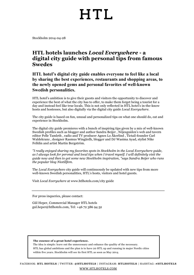  HTL hotels launches Local Everywhere - a digital city guide with personal tips from famous Swedes