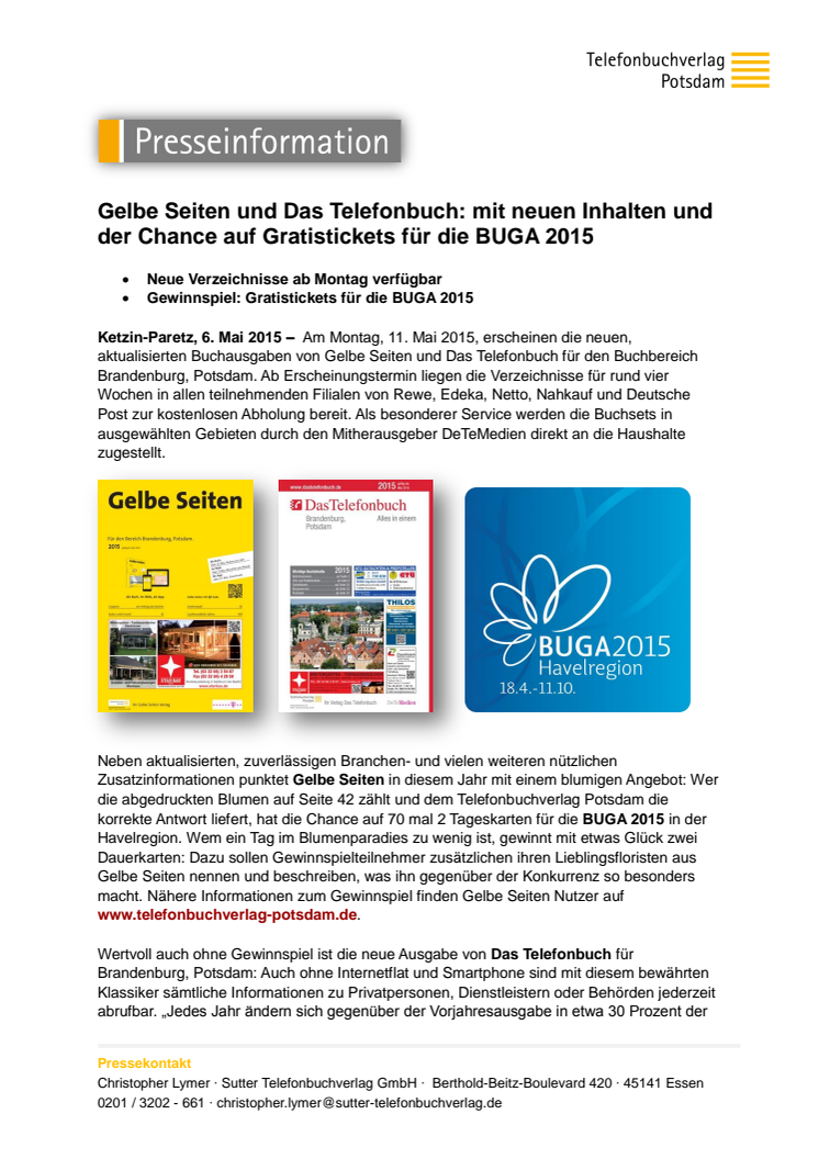 Gelbe Seiten und Das Telefonbuch: mit neuen Inhalten und der Chance auf Gratistickets für die BUGA 2015