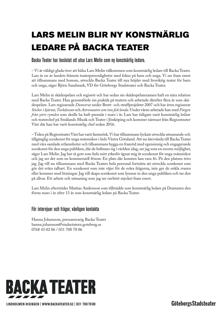 Lars Melin blir ny konstnärlig ledare på Backa Teater