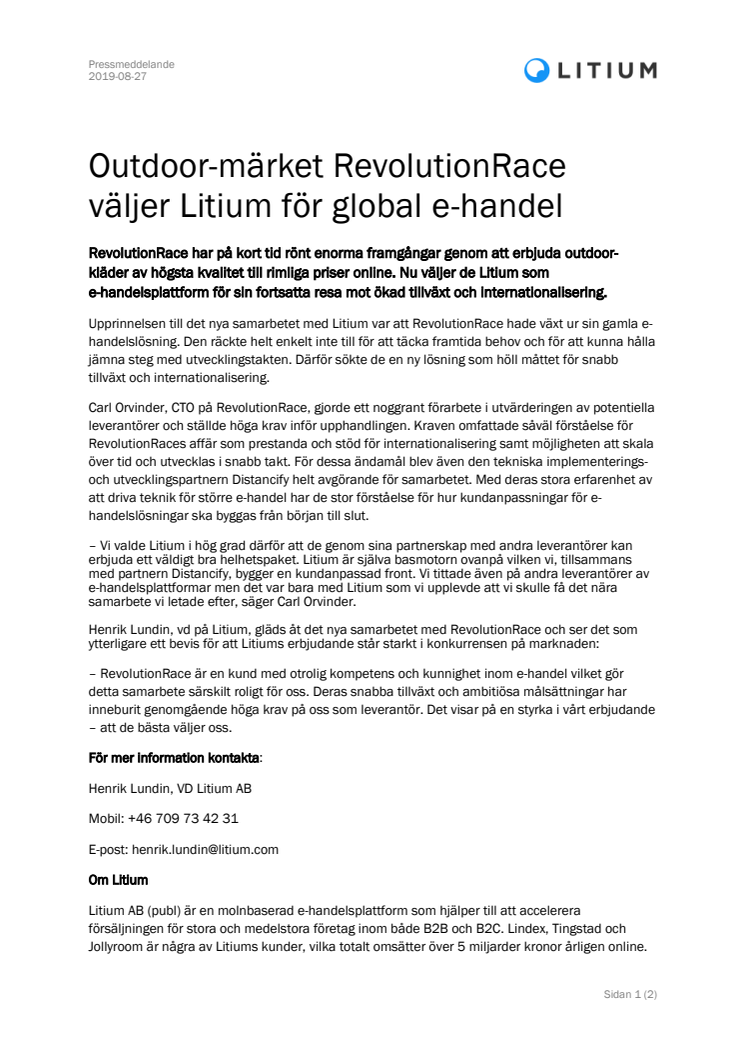 Outdoor-märket RevolutionRace väljer Litium för global e-handel