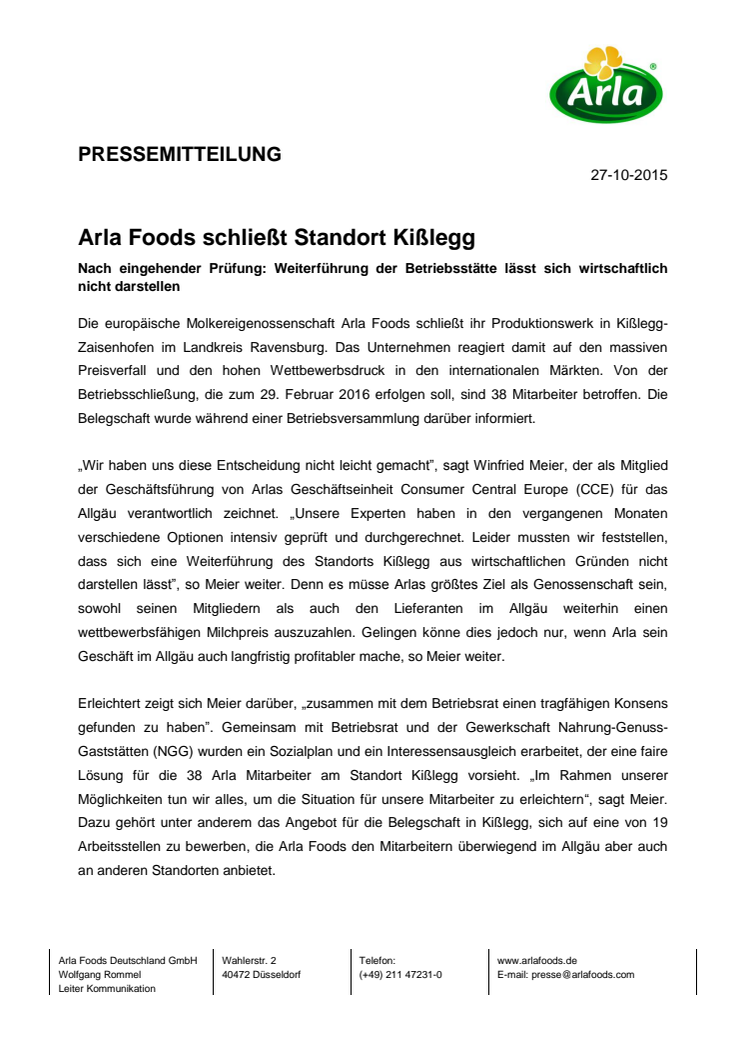 Arla Foods schließt Standort Kißlegg