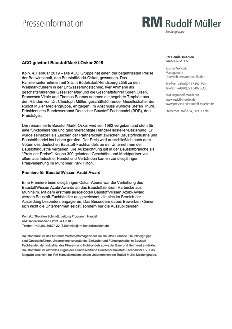 ACO gewinnt BaustoffMarkt-Oskar 2019