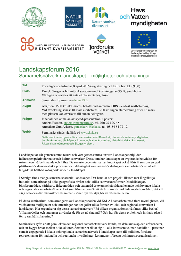 Seminarium: Landskapsforum 2016 – samarbetsnätverk i landskapet 7–8 april