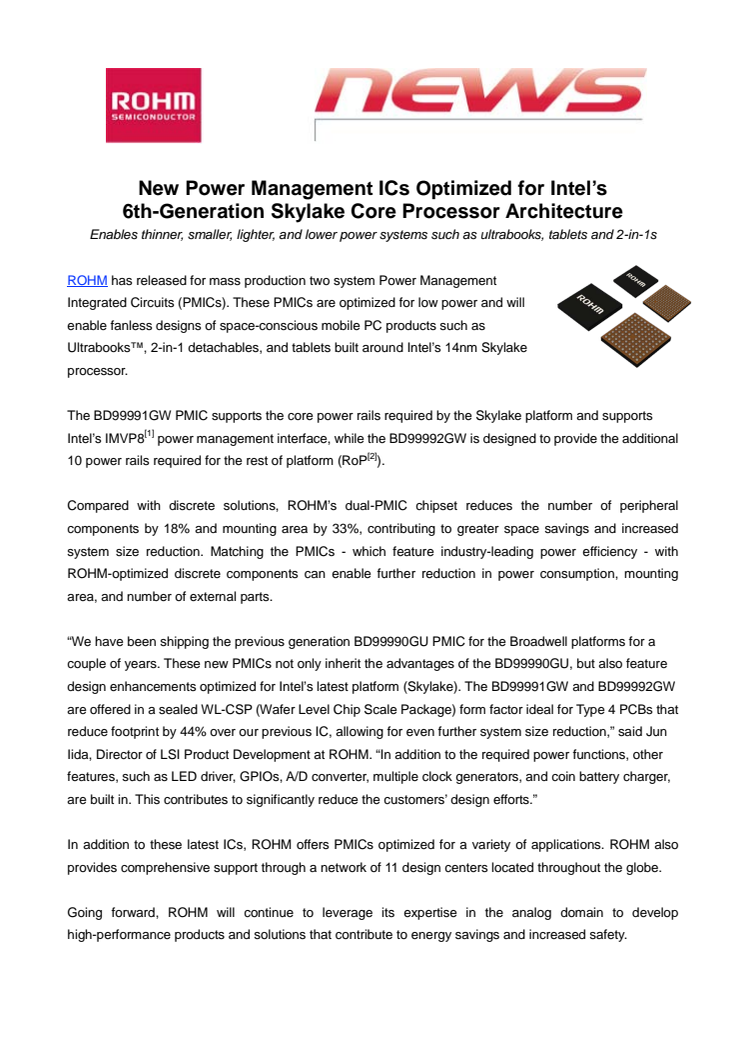 New Power Management ICs Optimized for Intel’s 6th-Generation Skylake Core Processor Architecture ---Enables thinner, smaller, lighter, and lower power systems such as ultrabooks, tablets and 2-in-1s