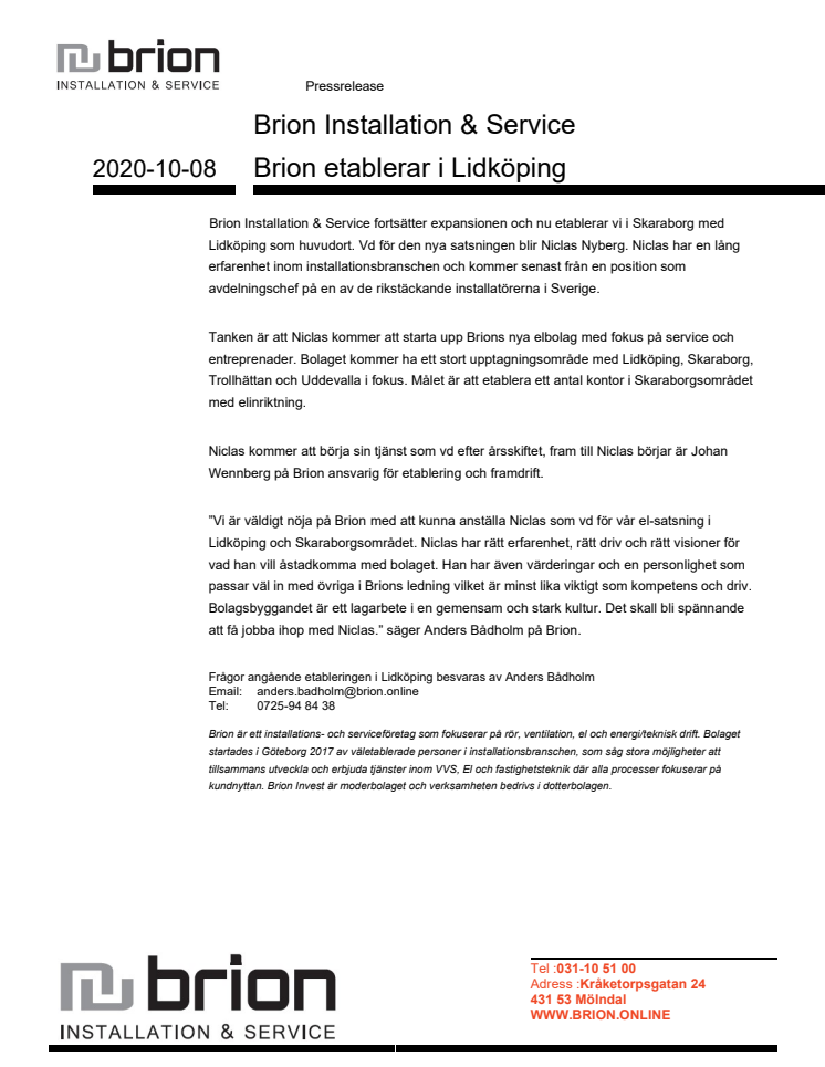 Brion Installation & Service Brion etablerar i Lidköping