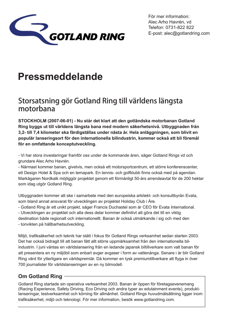 Storsatsning gör Gotland Ring till världens längsta motorbana!