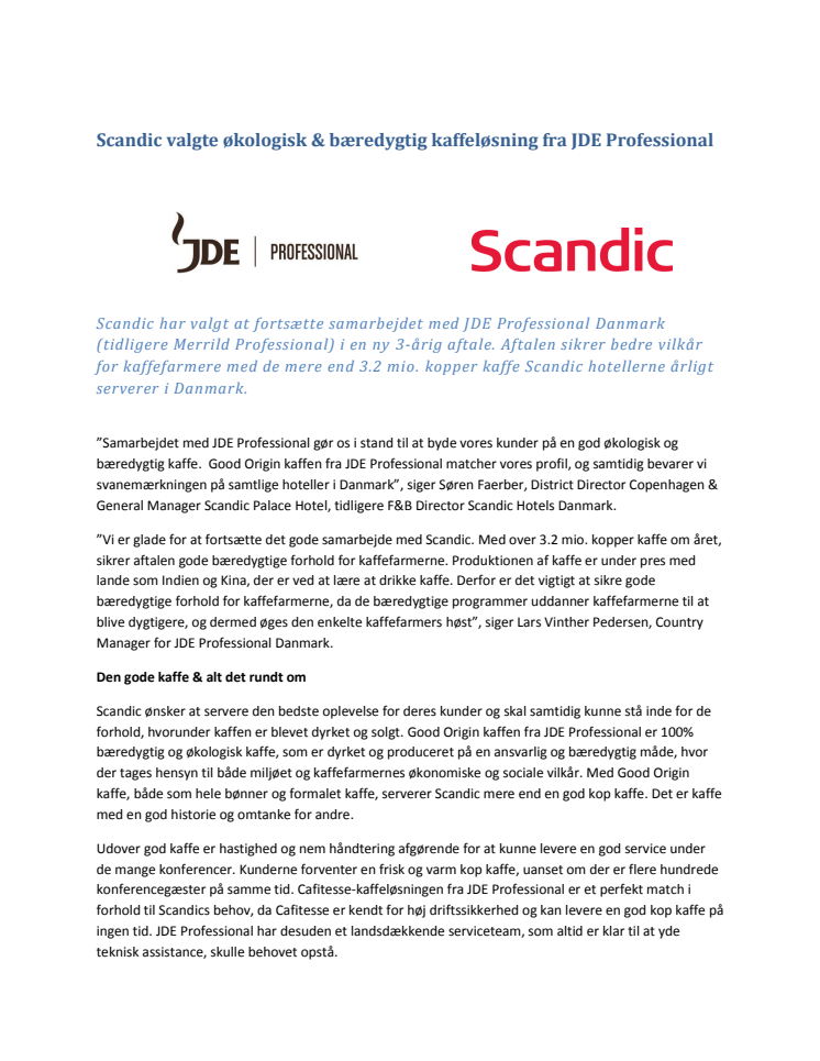 Scandic valgte økologisk & bæredygtig kaffeløsning fra JDE Professional