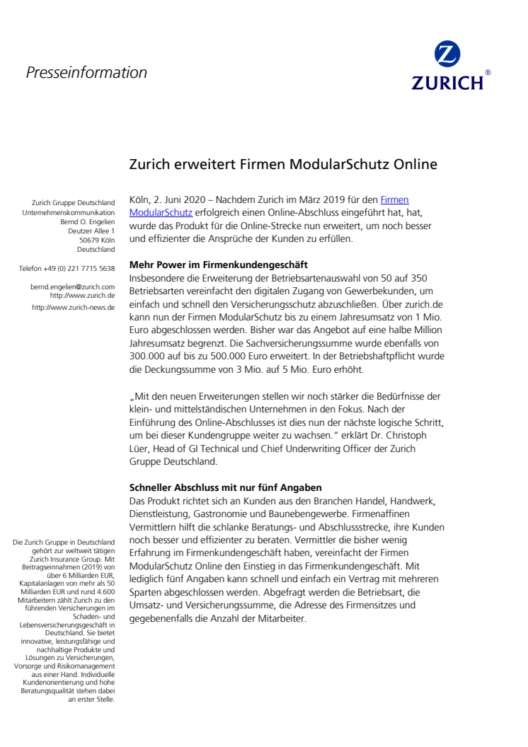Zurich erweitert Firmen ModularSchutz Online