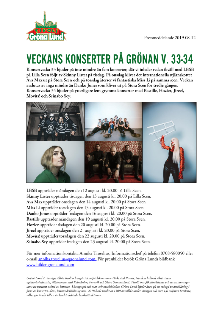 Veckans konserter på Grönan V. 33-34