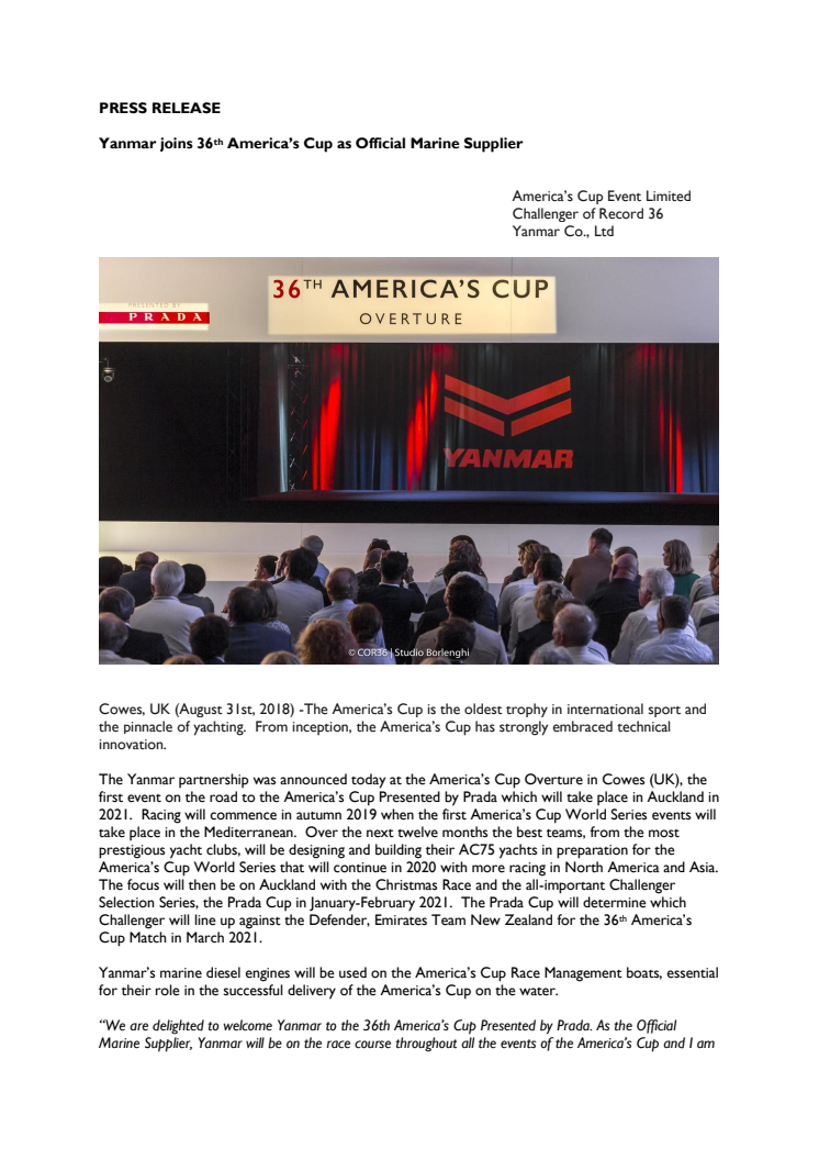 Yanmar joins 36th America’s Cup as Official Marine Supplier