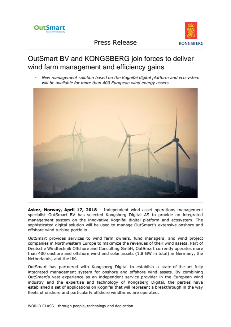 Kongsberg Digital: OutSmart BV and KONGSBERG join forces to deliver wind farm management and efficiency gains