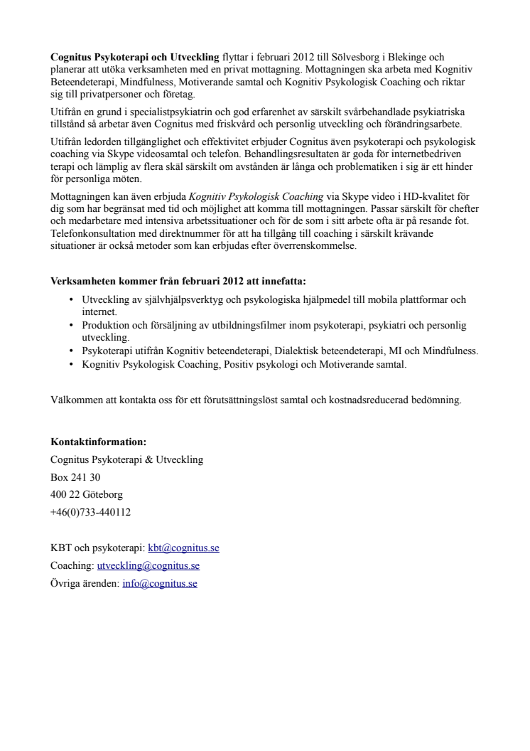 Cognitus Psykoterapi & Utveckling flyttar verksamheten till Sölvesborg
