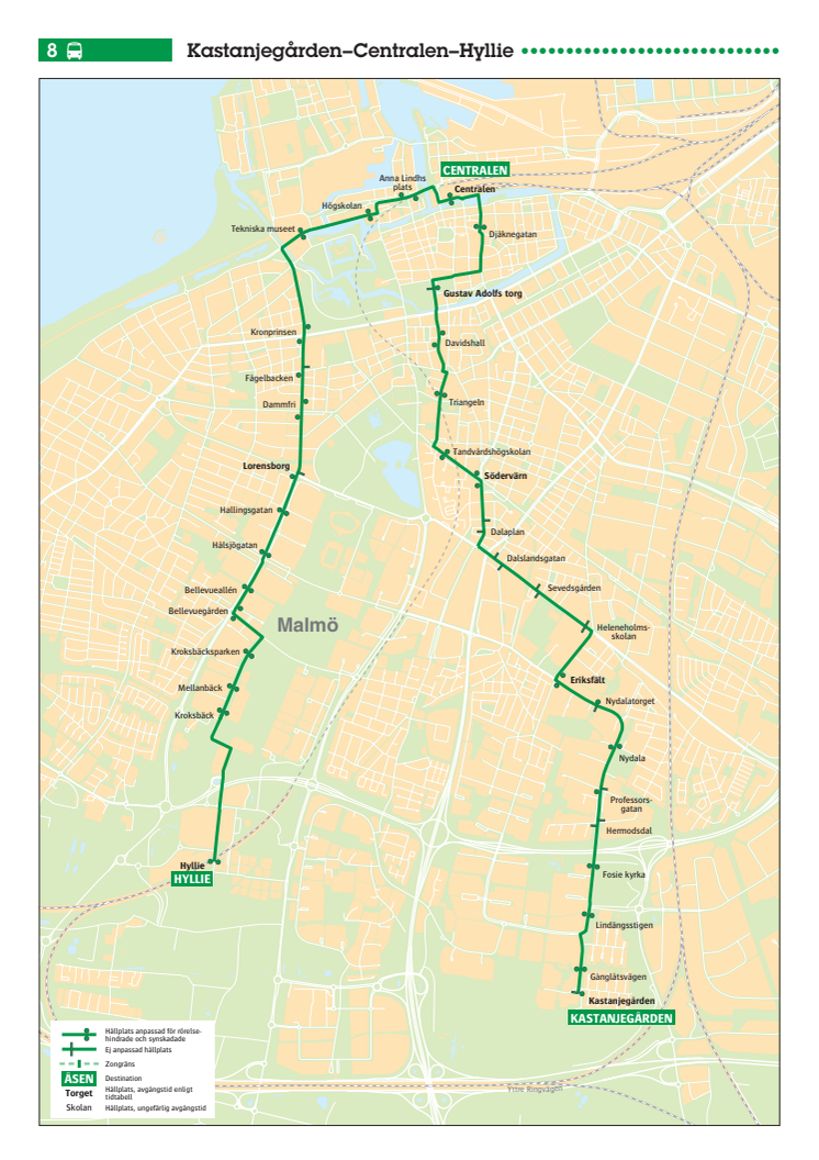 Stadsbuss linje 8 i Malmö. Ny linjesträckning från 17 augusti 2014