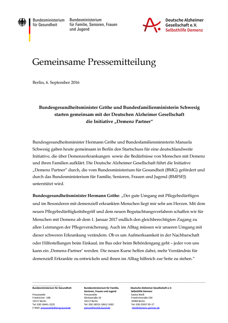 Bundesgesundheitsminister Gröhe und Bundesfamilienministerin Schwesig starten gemeinsam mit der Deutschen Alzheimer Gesellschaft  die Initiative „Demenz Partner“