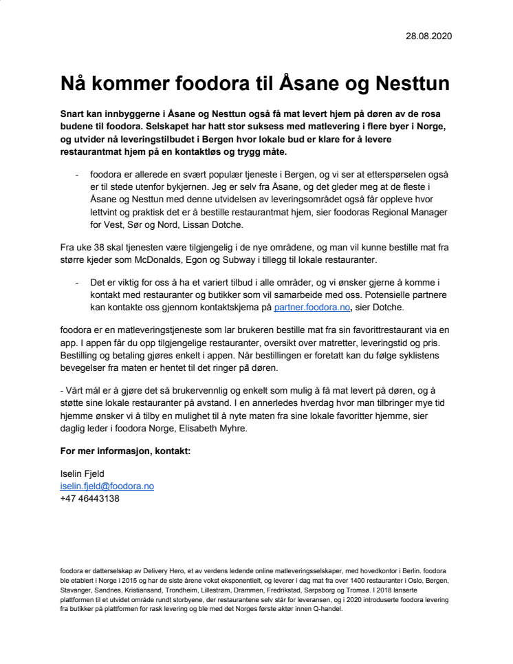 Nå kommer foodora til Åsane og Nesttun