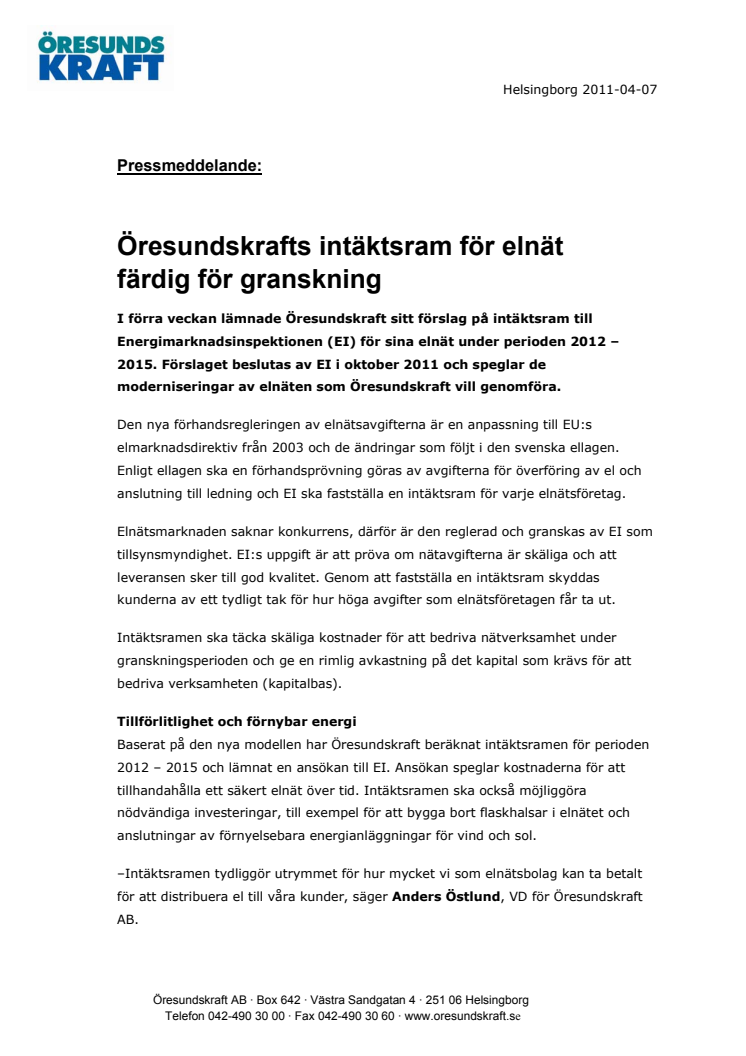 Öresundskrafts intäktsram för elnät färdig för granskning