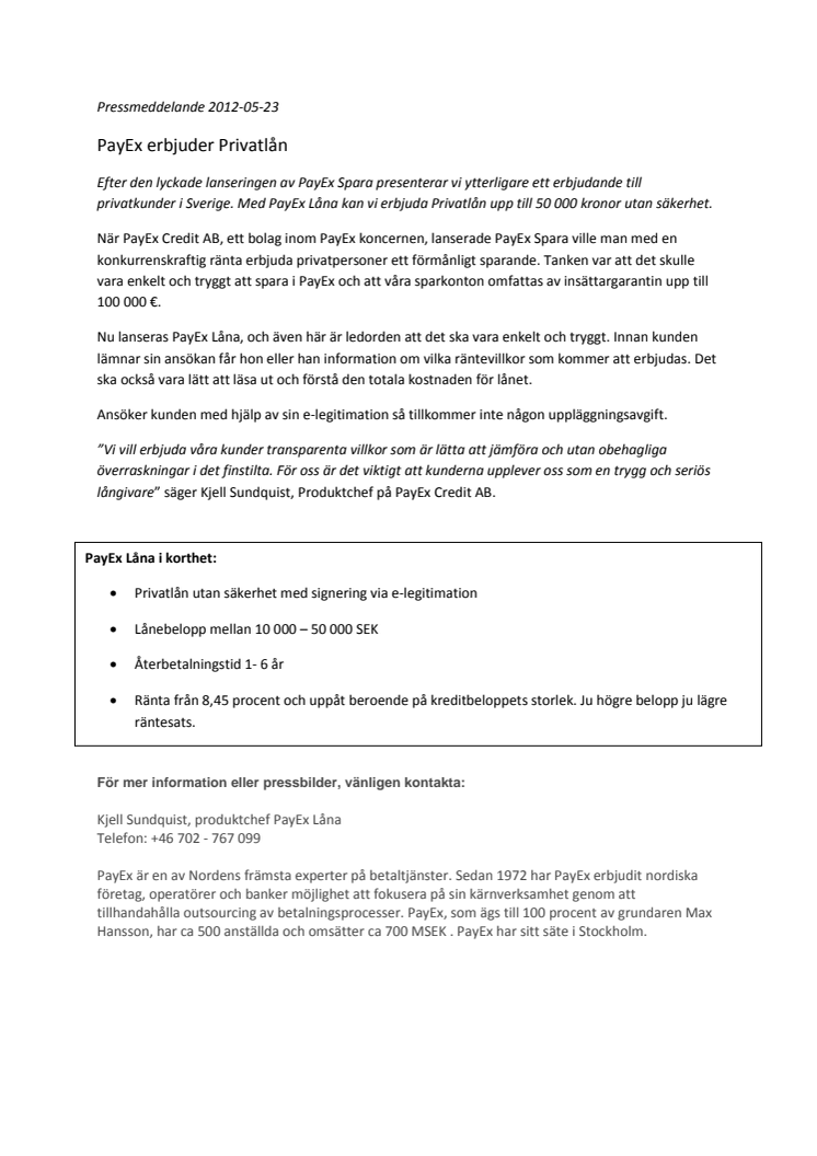 PayEx erbjuder Privatlån  