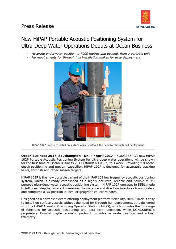 Kongsberg Maritime - Ocean Business 2017: New HiPAP Portable Acoustic Positioning System for Ultra-Deep Water Operations Debuts at Ocean Business