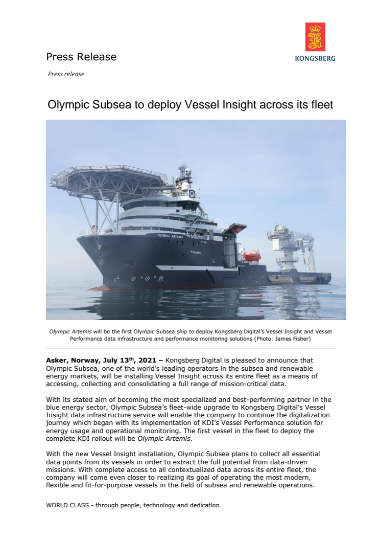 Olympic Subsea to deploy Vessel Insight across its fleet