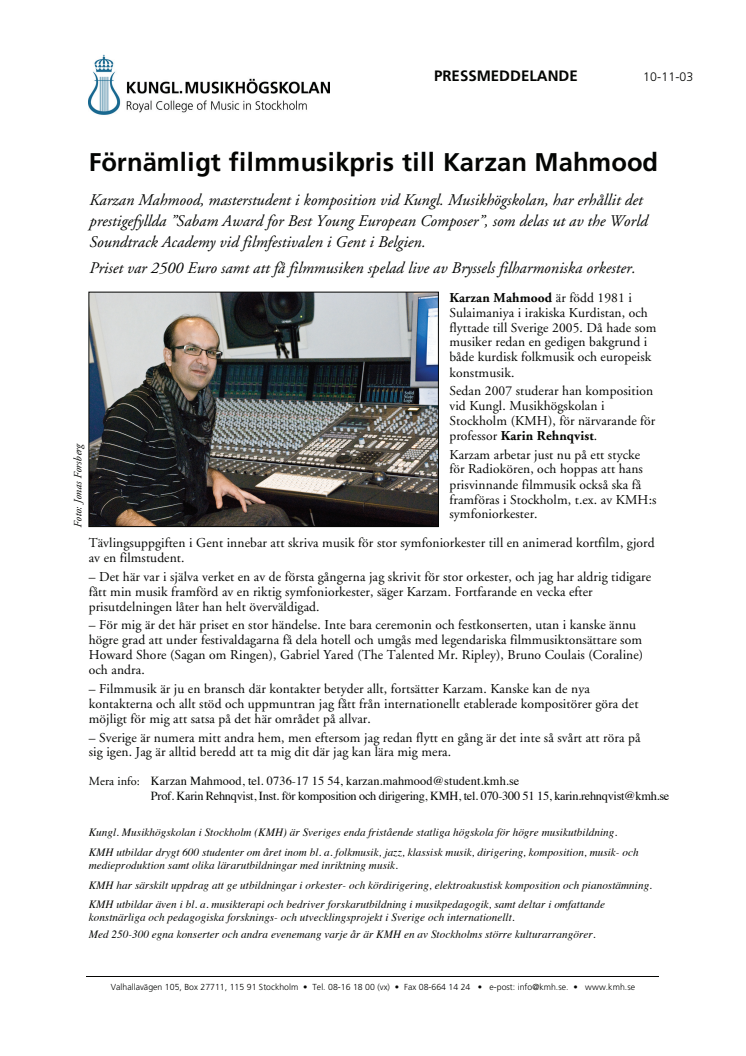 Förnämligt filmmusikpris till Karzan Mahmood