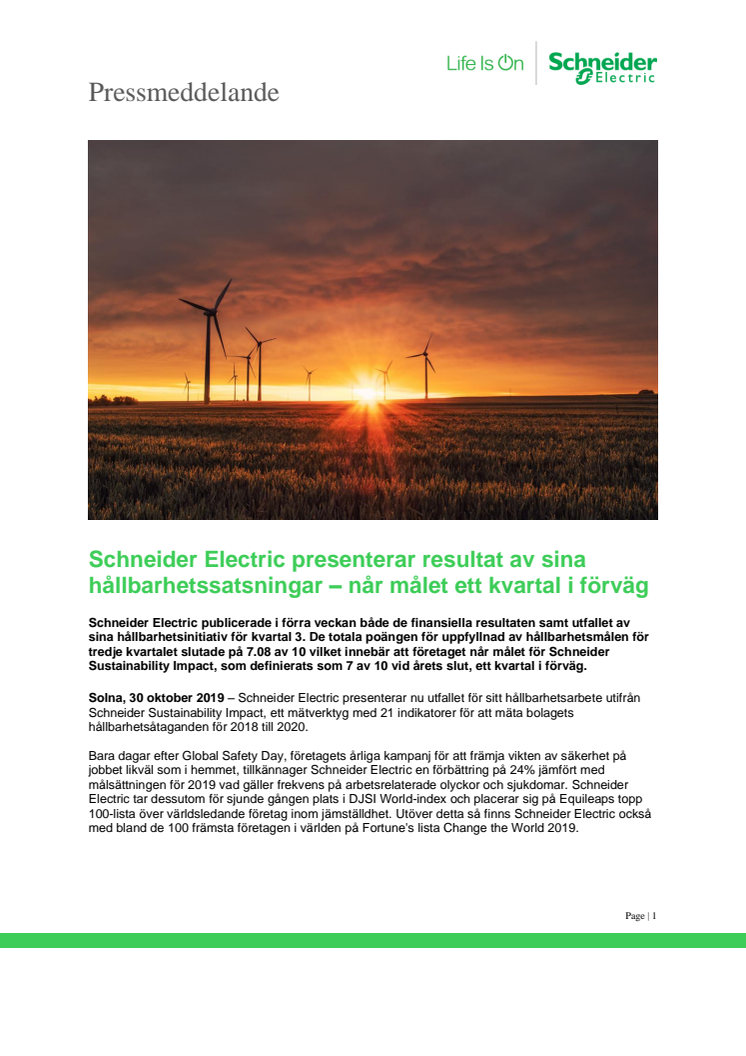 Schneider Electric presenterar resultat av sina hållbarhetssatsningar – når målet ett kvartal i förväg