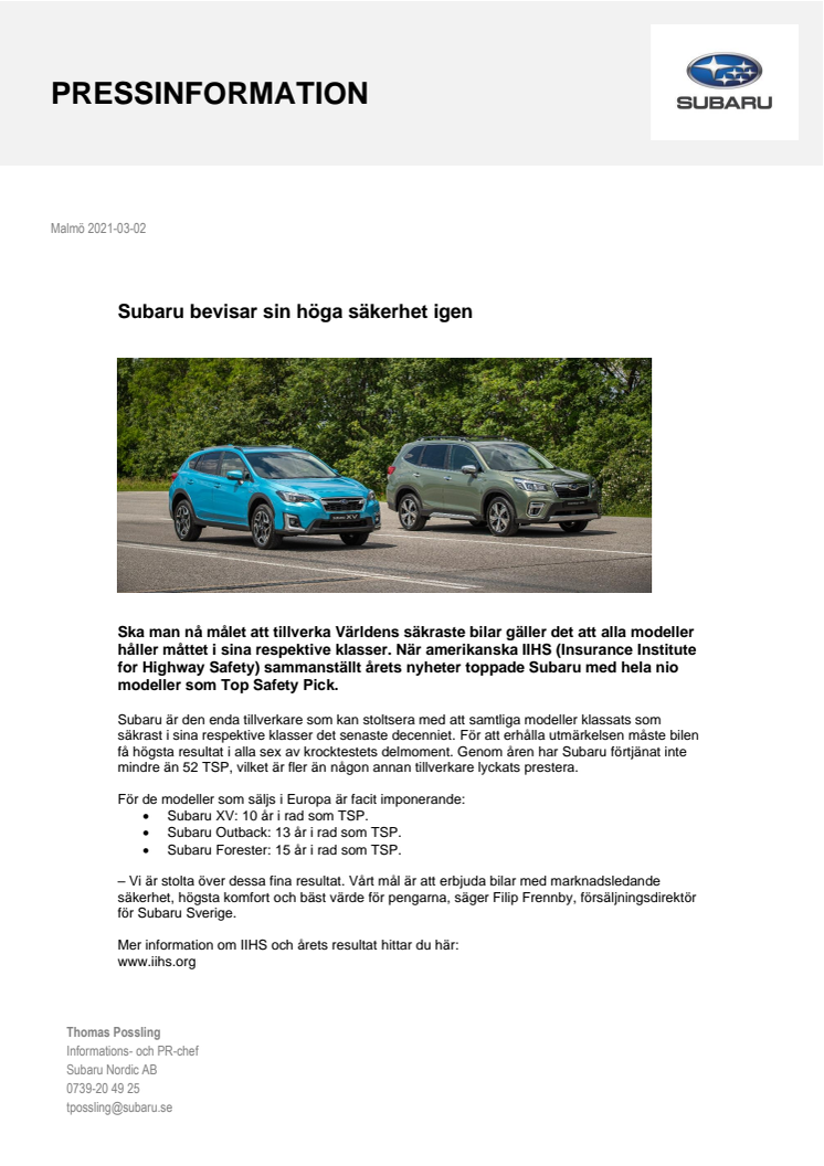 Subaru bevisar sin höga säkerhet igen