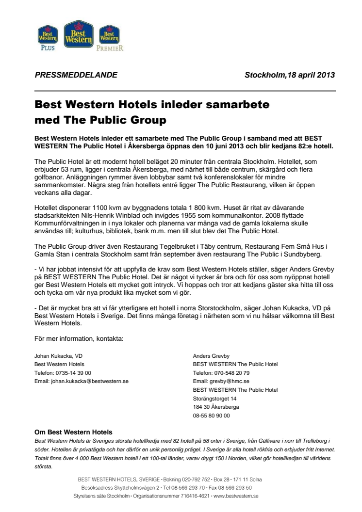 Best Western Hotels inleder samarbete med The Public Group