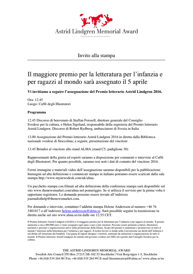 Invito alla stampa: Il maggiore premio per la letteratura per l’infanzia e per ragazzi al mondo sarà assegnato il 5 aprile