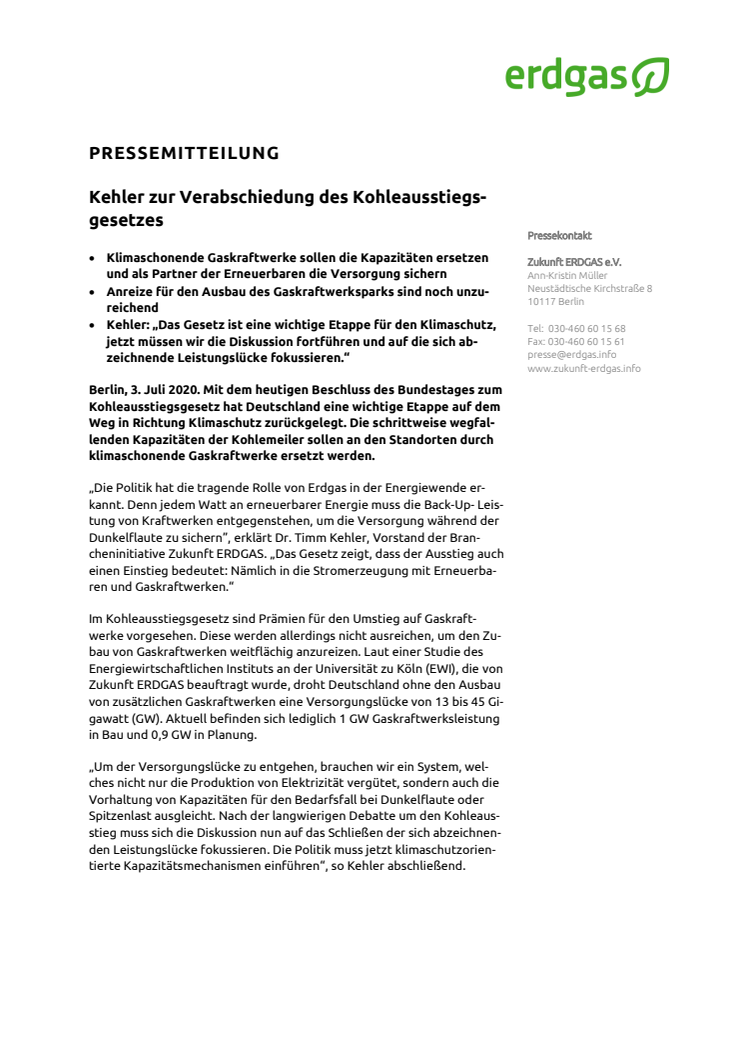 Kehler zur Verabschiedung des Kohleausstiegsgesetzes