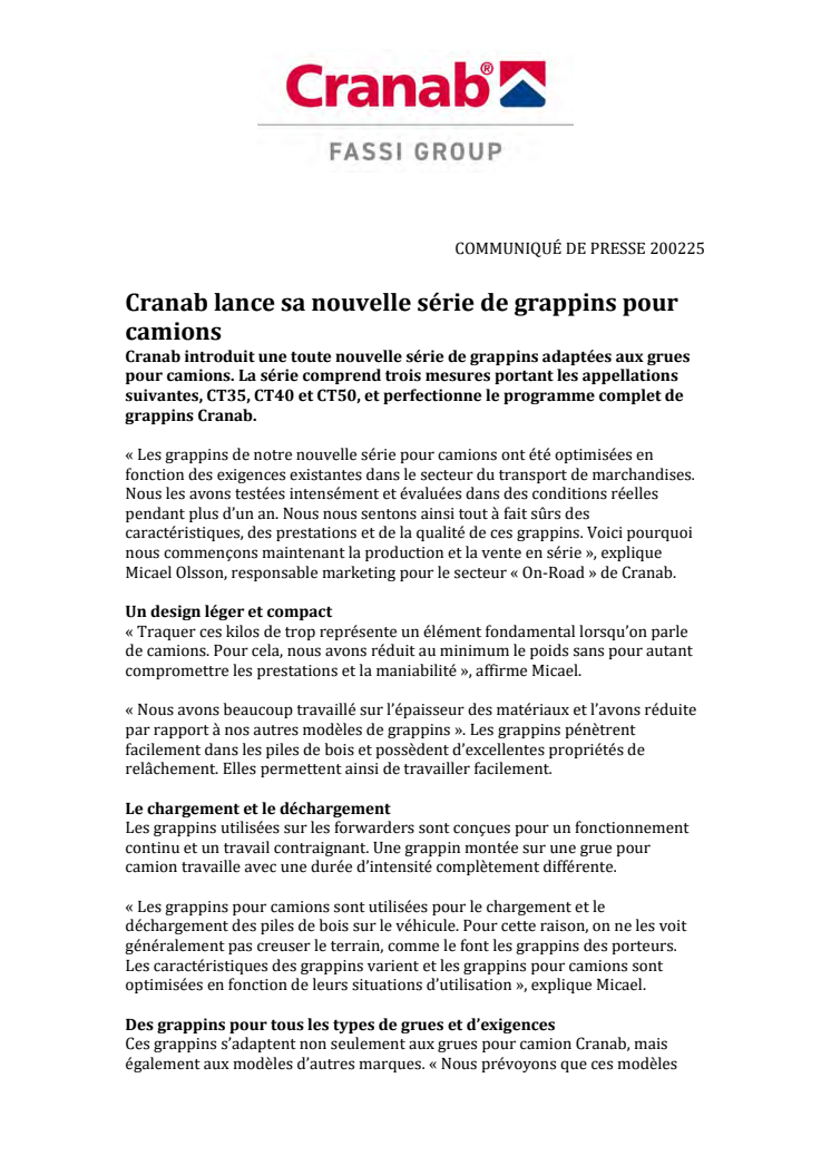 Cranab lance sa nouvelle série de grappins pour camions