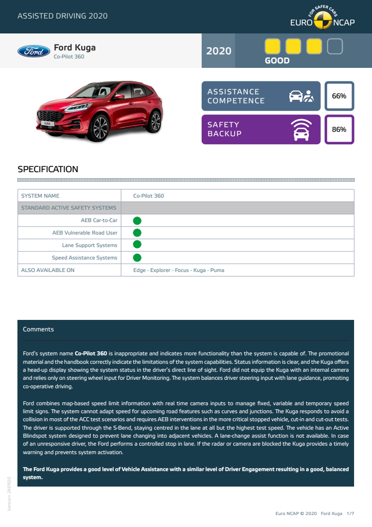 Ford Kuga Euro NCAP Assisted Driving Grading datasheet