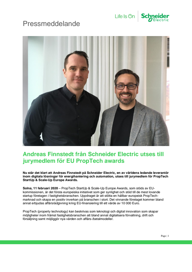 Andreas Finnstedt från Schneider Electric utses till jurymedlem för EU PropTech awards