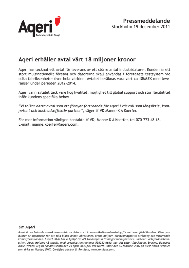Aqeri erhåller avtal värt 18 miljoner kronor