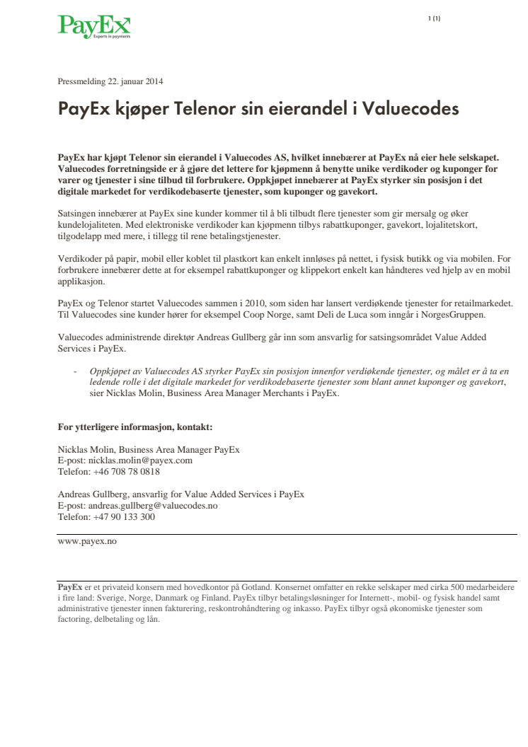 PayEx kjøper Telenor sin eierandel i Valuecodes