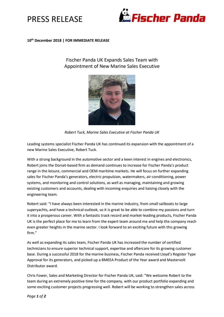 Fischer Panda UK Expands Sales Team with Appointment of New Marine Sales Executive