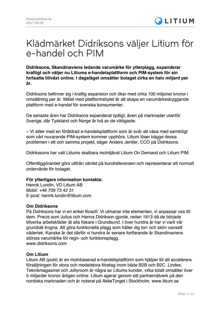 Klädmärket Didriksons väljer Litium för e-handel och PIM