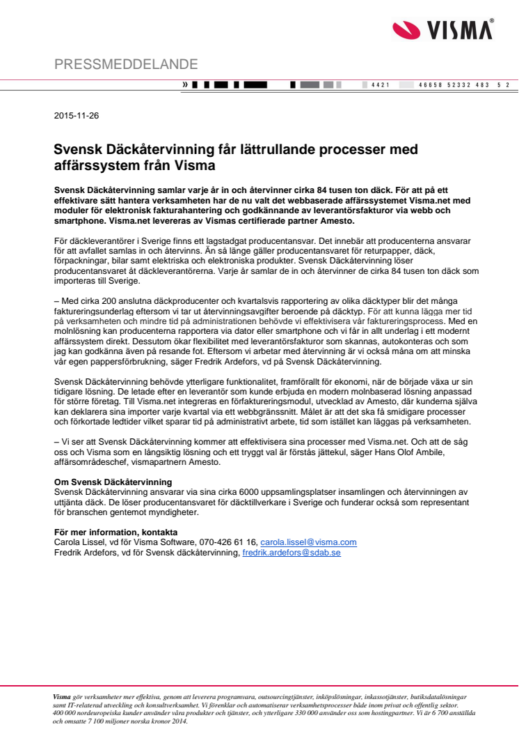Svensk Däckåtervinning får lättrullande processer med affärssystem från Visma