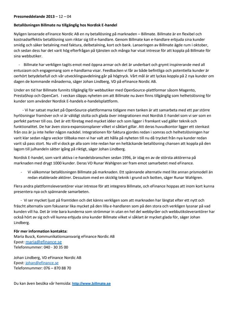 Betallösningen Billmate nu tillgänglig hos Nordisk E-handel