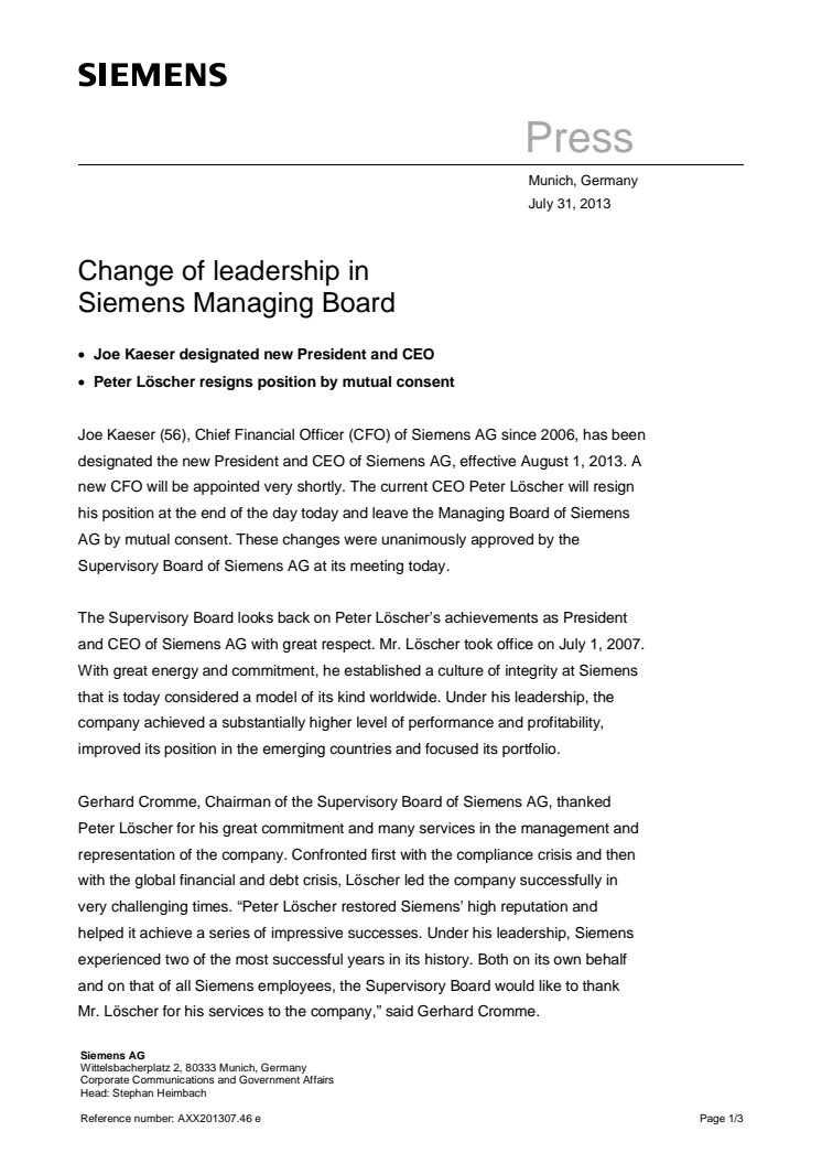 Joe Kaeser blir ny CEO i Siemens AG