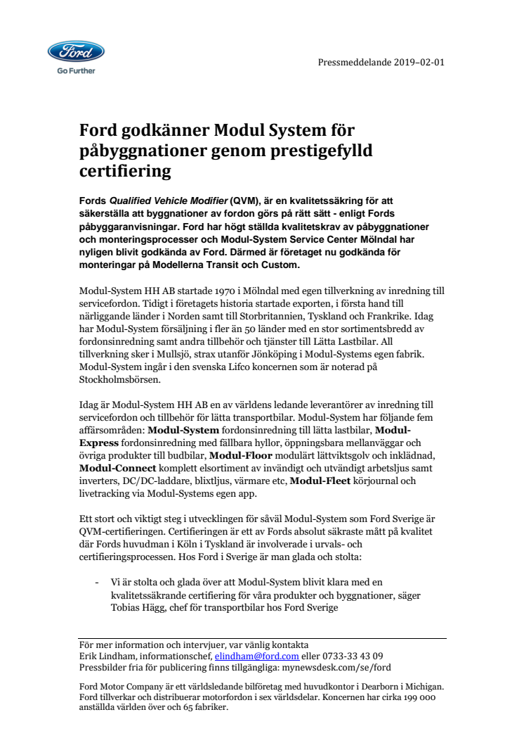 Ford godkänner Modul System för påbyggnationer genom prestigefylld certifiering 